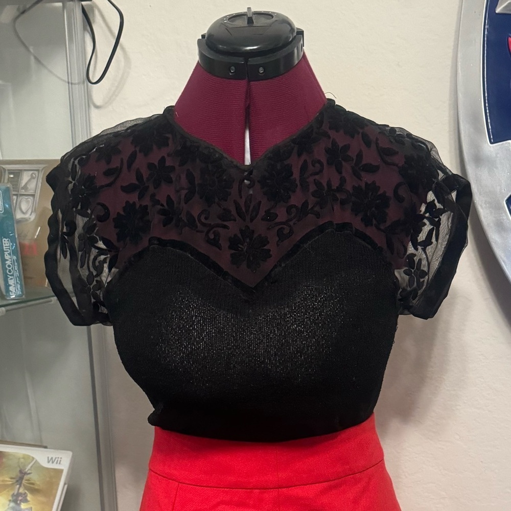 True Vintage Black Knit Top with Velvet Lace Overlay | Metal Back Zipper | Small